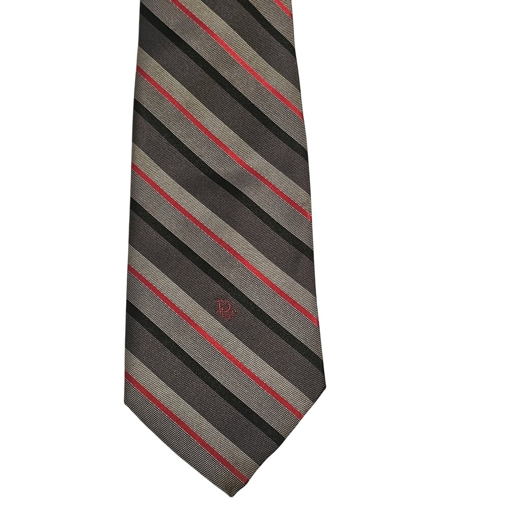 Christian Dior Paris Men’s Silk Tie Gray Red Stripes Vintage Designer 3" x 55"